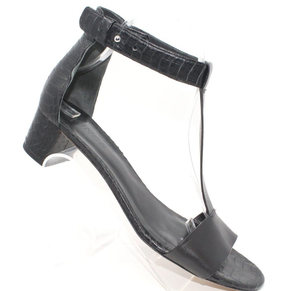 Vince Womens Sz 8.5M Black Leather Faux Croc Strap Block Heel Open Toe Sandals